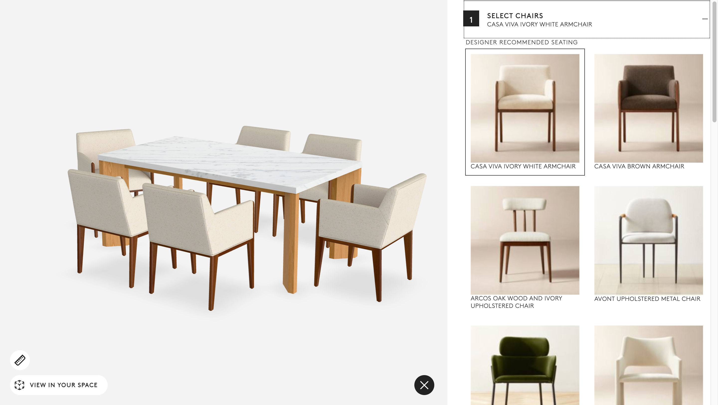 Crate and Barrel configurator, finish and options