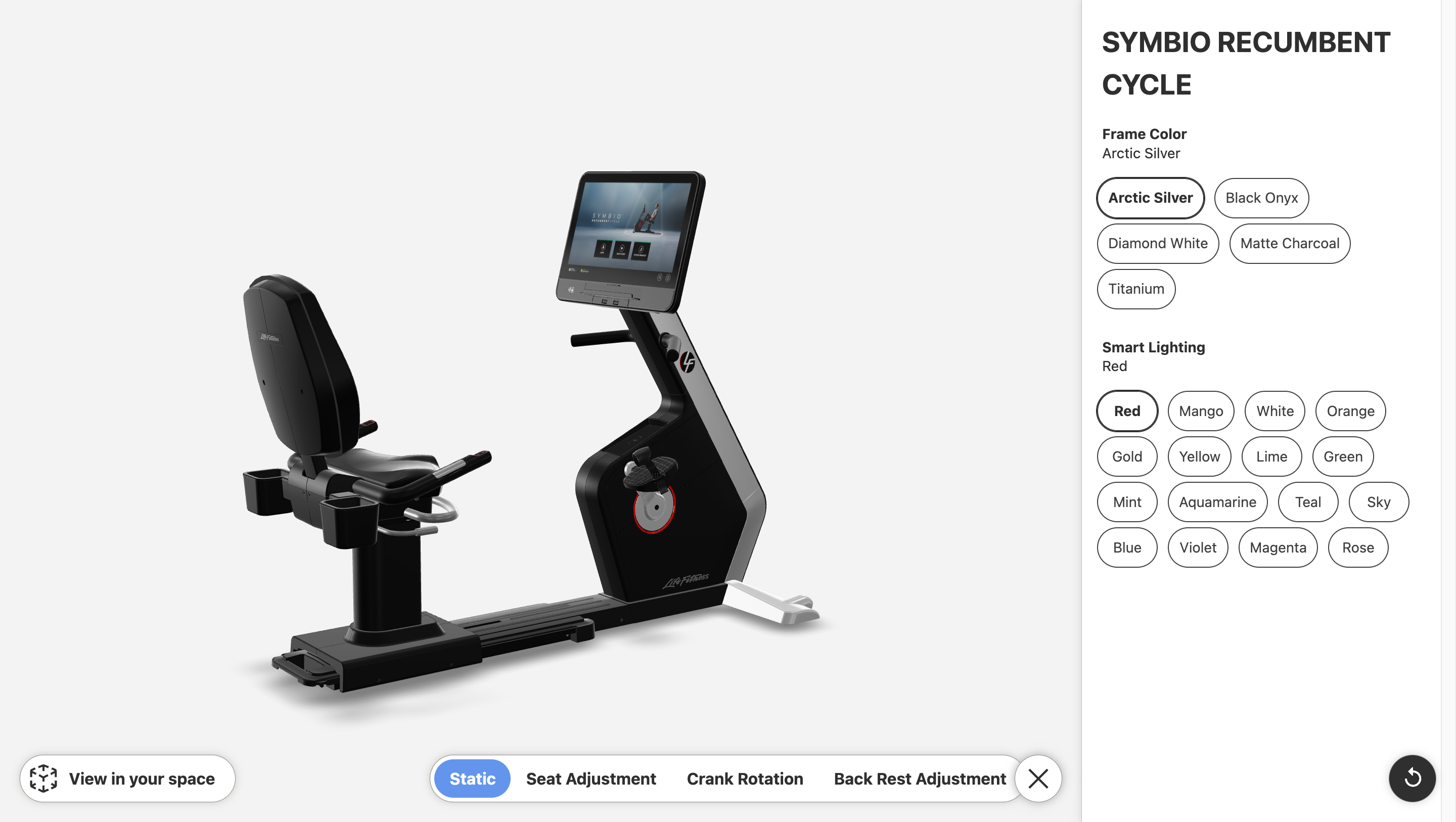 Life Fitness configurator, frame colour selection